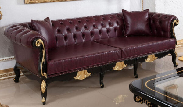 Daabadi Furniture Wholesale Classic Italian Style Sofa 3-Seater Painted Bordeaux Red Mahogany Fabric Black Gold