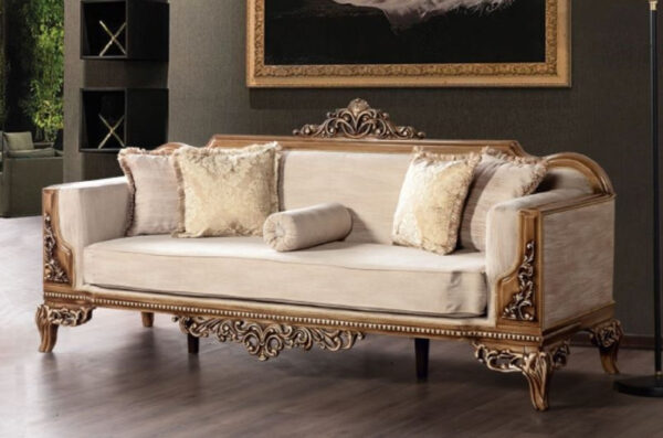 Daabadi Furniture Wholesale Classic French Style Sofa 3-Seater Painted Gold Mahogany Fabric Gray Brown