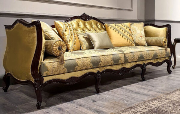 Daabadi Furniture Wholesale Classic European Style Sofa 3-Seater Painted Black-Duco Mahogany Fabric Gold