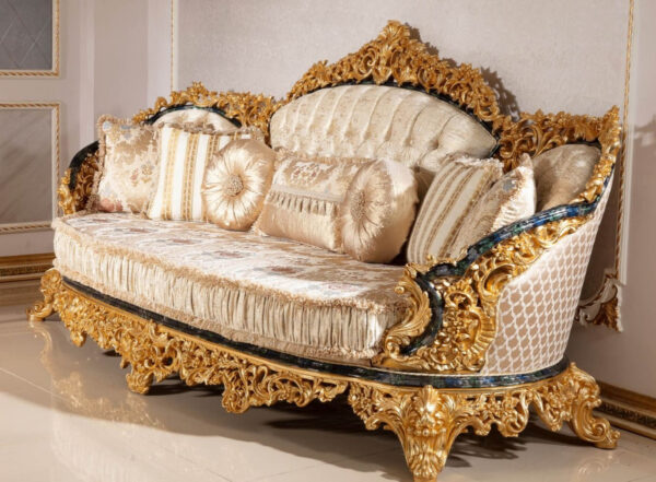 Daabadi Furniture Wholesale Classic Italian Style Sofa 3-Seater Painted Gold Mahogany Fabric Beige