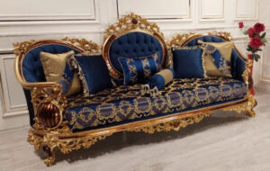 Daabadi Furniture Wholesale Classic French Style Sofa 3-Seater Painted Gold Mahogany Fabric Blue