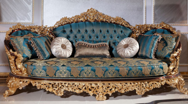 Daabadi Furniture Wholesale Classic European Style Sofa 3-Seater Painted Gold Mahogany Fabric Blue Beige