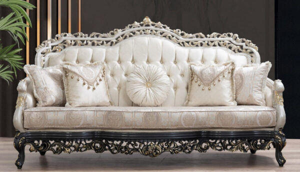 Daabadi Furniture Wholesale Classic Italian Style Sofa 3-Seater Painted Cream Mahogany Fabric Gray