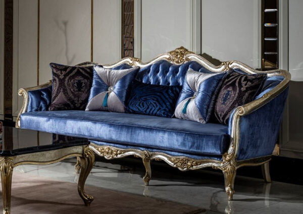 Daabadi Furniture Wholesale Classic French Style Sofa 3-Seater Painted Silver-Gold Mahogany Fabric Blue