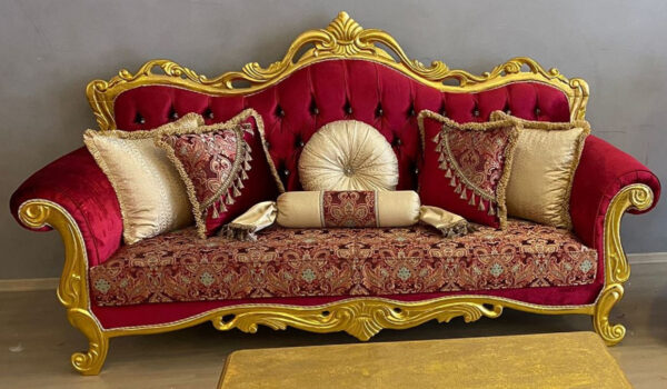 Daabadi Furniture Wholesale Classic European Style Sofa 3-Seater Painted Gold Mahogany Fabric Red-Velvet