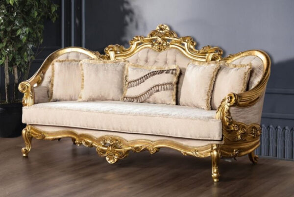 Daabadi Furniture Wholesale Classic French Style Sofa 3-Seater Painted Gold Mahogany Fabric Cream