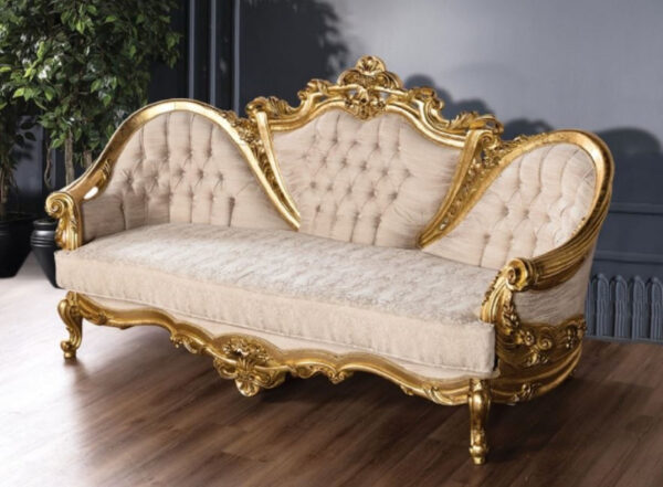 Daabadi Furniture Wholesale Classic European Style Sofa 3-Seater Painted Gold Mahogany Fabric Cream