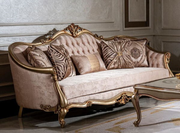 Daabadi Furniture Wholesale Classic European Style Sofa 3-Seater Painted Gold Mahogany Fabric Pink