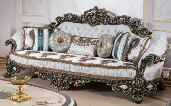 Daabadi Furniture Wholesale Classic French Style Sofa 3-Seater Painted Beige-Green-Gold Mahogany Fabric White