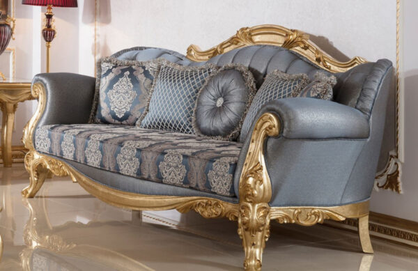 Daabadi Furniture Wholesale Classic Italian Style Sofa 3-Seater Painted Gold Mahogany Fabric Blue