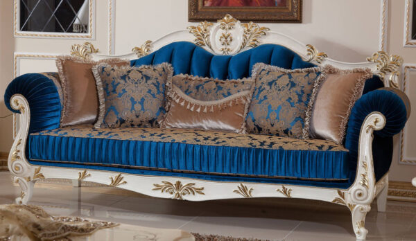 Daabadi Furniture Wholesale Classic European Style Sofa 3-Seater Painted White Mahogany Fabric Blue