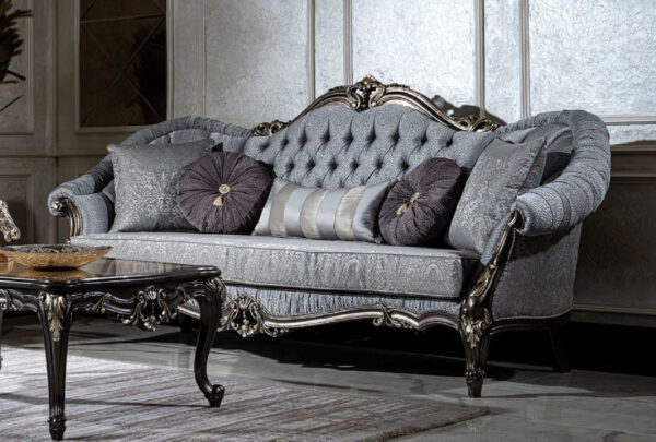 Daabadi Furniture Wholesale Classic French Style Sofa 3-Seater Painted Dark Gray Mahogany Fabric Gray