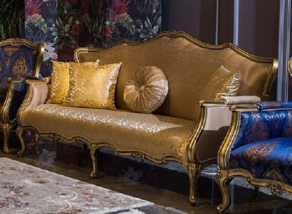 Daabadi Furniture Wholesale Classic Italian Style Sofa 3-Seater Painted Gold Mahogany Fabric Gold