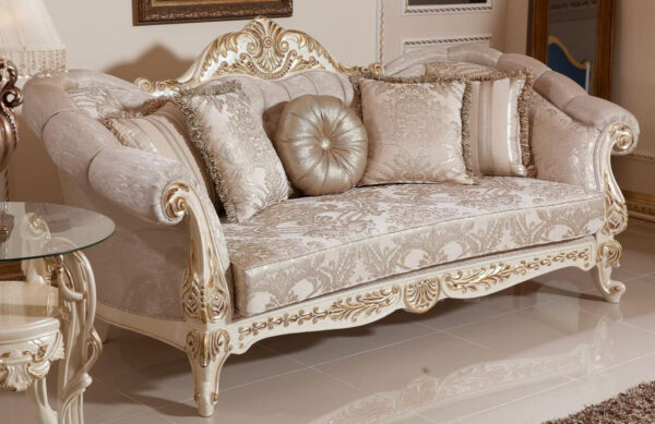 Daabadi Furniture Wholesale Classic French Style Sofa 3-Seater Painted White-Gold Mahogany Fabric Beige