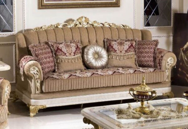 Daabadi Furniture Wholesale Classic European Style Sofa 3-Seater Painted White-Gold Mahogany Fabric Brown