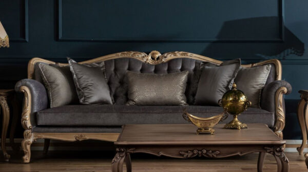 Daabadi Furniture Wholesale Classic Italian Style Sofa 3-Seater Painted Antique-Natural Mahogany Fabric Gray