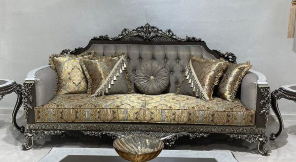 Daabadi Furniture Wholesale Classic European Style Sofa 3-Seater Painted Multicolor Mahogany Fabric Silver-Gold