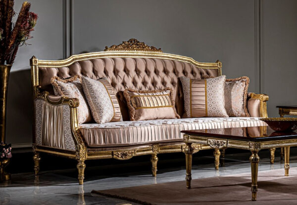 Daabadi Furniture Wholesale Classic French Style Sofa 3-Seater Painted Gold Mahogany Fabric Pink-White