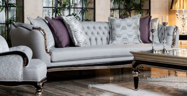 Daabadi Furniture Wholesale Classic Italian Style Sofa 3-Seater Painted Black Mahogany Fabric Gray