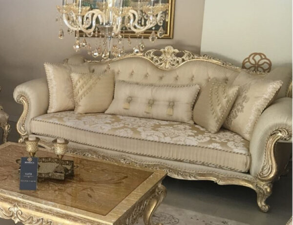 Daabadi Furniture Wholesale Classic European Style Sofa 3-Seater Painted Antique Gold Mahogany Fabric Soft Gold