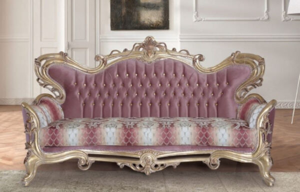 Daabadi Furniture Wholesale Classic French Style Sofa 3-Seater Painted Gold Mahogany Fabric Pink-White