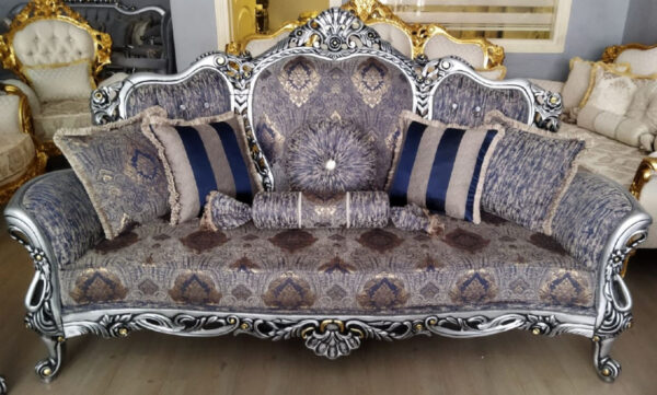 Daabadi Furniture Wholesale Classic European Style Sofa 3-Seater Painted Antique Silver Mahogany Fabric Black-Gold