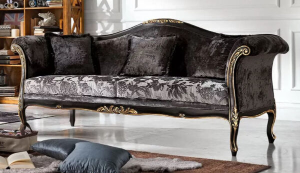 Daabadi Furniture Wholesale Classic French Style Sofa 3-Seater Painted Black-Gold Mahogany Fabric Gray