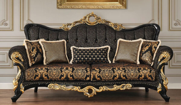 Daabadi Furniture Wholesale Classic French Style Sofa 3-Seater Painted Black-Gold Mahogany Fabric Black-Gold