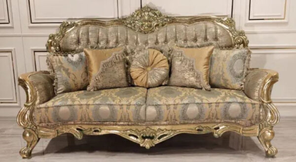 Daabadi Furniture Wholesale Classic Italian Style Sofa 3-Seater Painted Gold Mahogany Fabric Green-Gold