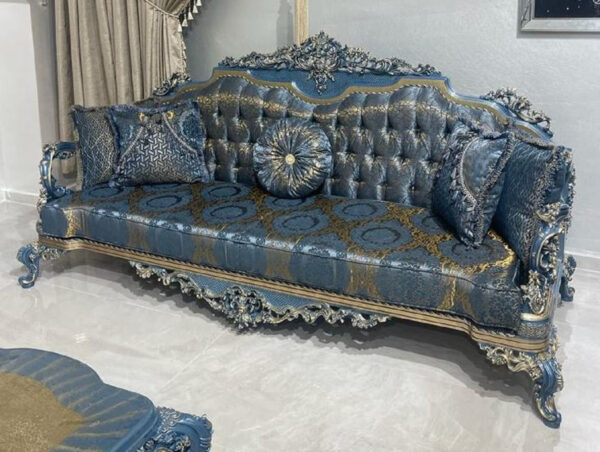 Daabadi Furniture Wholesale Classic Italian Style Sofa 3-Seater Painted Blue-Gold Mahogany Fabric Velvet Blue