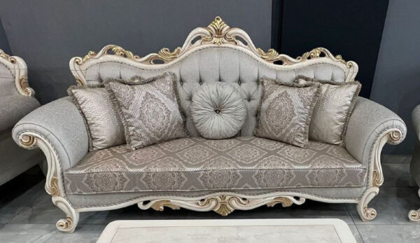 Daabadi Furniture Wholesale Classic Italian Style Sofa 3-Seater Painted White-Gold Mahogany Fabric Gray