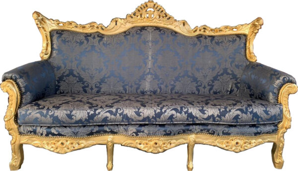 Daabadi Furniture Wholesale Classic European Style Sofa 3-Seater Painted Gold Mahogany Fabric Blue Velvet