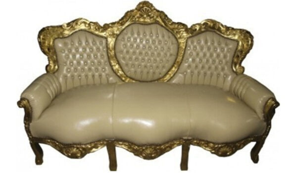 Daabadi Furniture Wholesale Classic Italian Style Sofa 3-Seater Painted Gold Mahogany Leather Cream