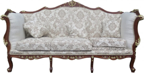 Daabadi Furniture Wholesale Classic Italian Style Sofa 3-Seater Painted Brown Mahogany Fabric Cream