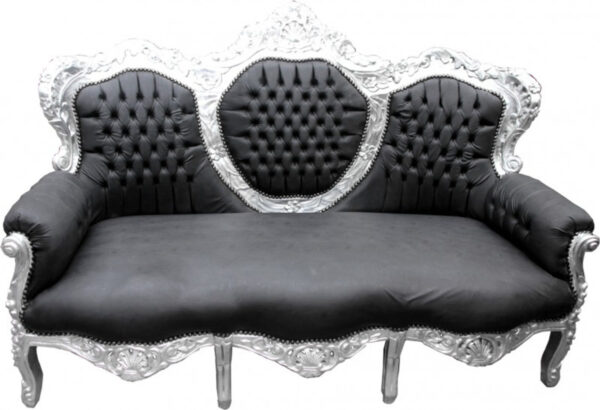 Daabadi Furniture Wholesale Classic French Style Sofa 3-Seater Painted Silver Mahogany Fabric Black