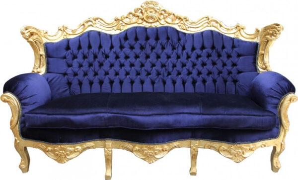 Daabadi Furniture Wholesale Classic Italian Style Sofa 3-Seater Painted Gold Mahogany Fabric Blue