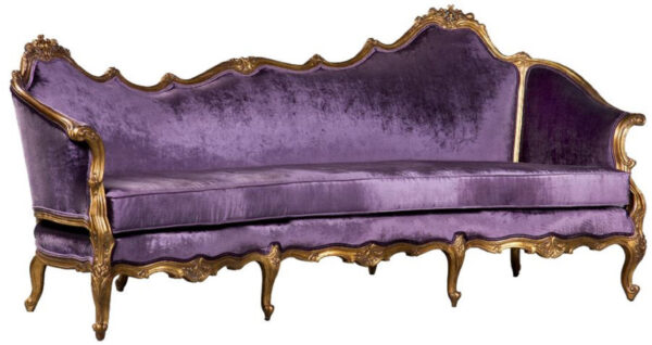 Daabadi Furniture Wholesale Classic European Style Sofa 3-Seater Painted Antique Gold Mahogany Fabric Purple