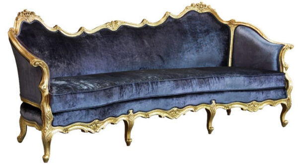 Daabadi Furniture Wholesale Classic French Style Sofa 3-Seater Painted Antique Gold Mahogany Fabric Blue