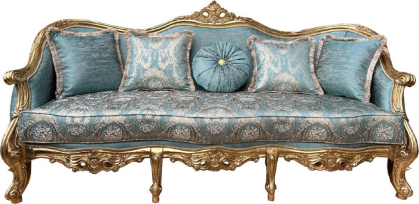 Daabadi Furniture Wholesale Classic European Style Sofa 3-Seater Painted Gold Mahogany Fabric Turquoise