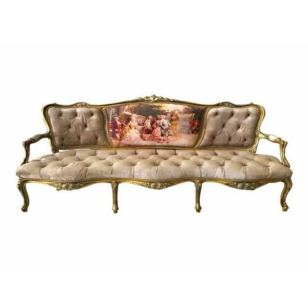 Daabadi Furniture Wholesale Classic Italian Style Sofa 3-Seater Painted Gold Mahogany Fabric Brown