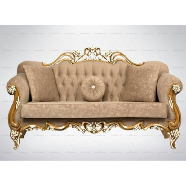 Daabadi Furniture Wholesale Classic Italian Style Sofa 3-Seater Painted Gold Mahogany Fabric Brown