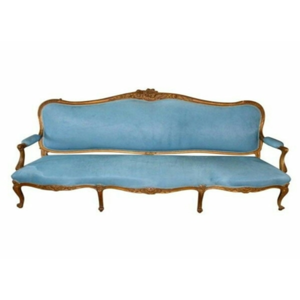 Daabadi Furniture Wholesale Classic Italian Style Sofa 3-Seater Painted Antique-Gold Mahogany Fabric Blue Sky