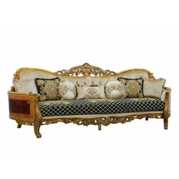 Daabadi Furniture Wholesale Classic French Style Sofa 3-Seater Painted Gold Mahogany Fabric Beige-Gold
