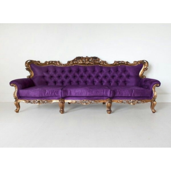 Daabadi Furniture Wholesale Classic French Style Sofa 3-Seater Painted Gold Mahogany Fabric Purple