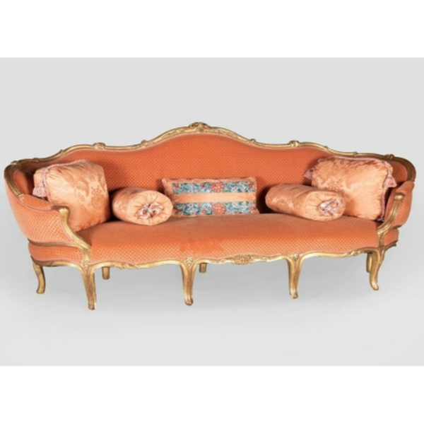 Daabadi Furniture Wholesale Classic Italian Style Sofa 3-Seater Painted Gold Mahogany Fabric Orange