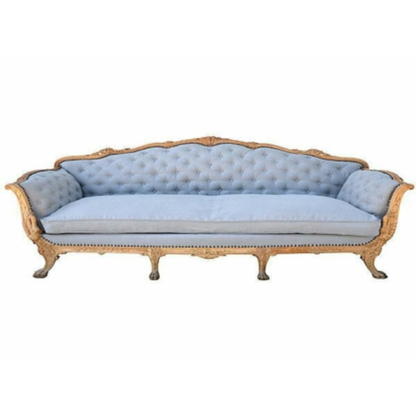 Daabadi Furniture Wholesale Classic Italian Style Sofa 3-Seater Painted Gold Mahogany Fabric Blue