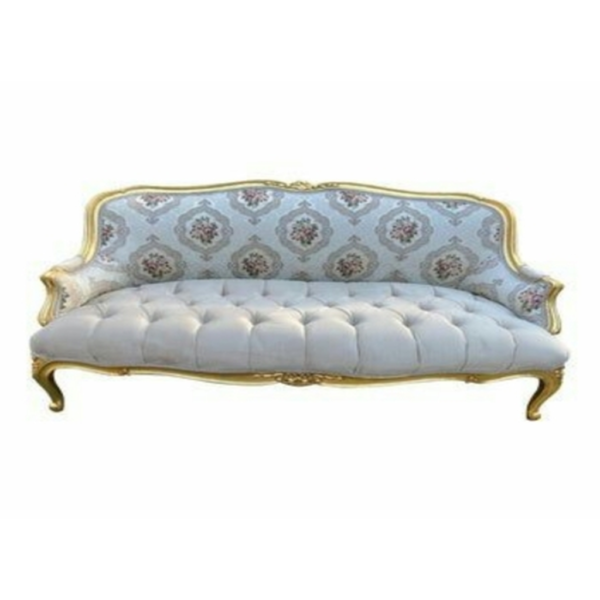 Daabadi Furniture Wholesale Classic French Style Sofa 3-Seater Painted Antique Gold Mahogany Fabric Turquoise