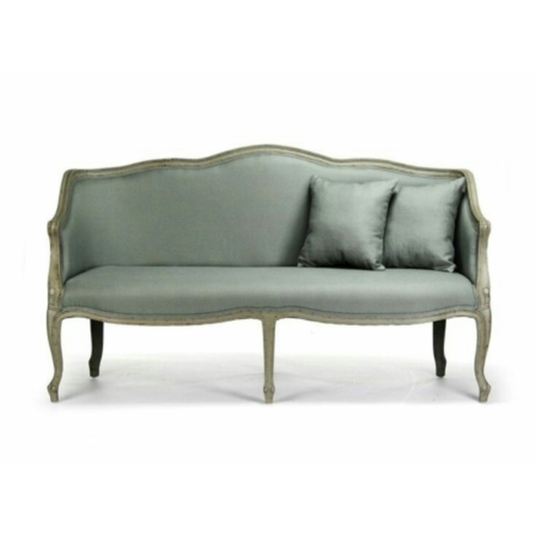 Daabadi Furniture Wholesale Classic French Reproduction Sofa 3-Seater White Painted Mahogany Fabric Turquoise