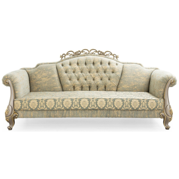 Daabadi Furniture Wholesale Classic French Colonial Sofa 3-Seater White Painted Mahogany Fabric Green-Gold