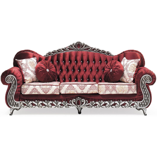 Daabadi Furniture Wholesale Classic French Vintage Sofa 3-Seater Silver Painted Mahogany Fabric Red